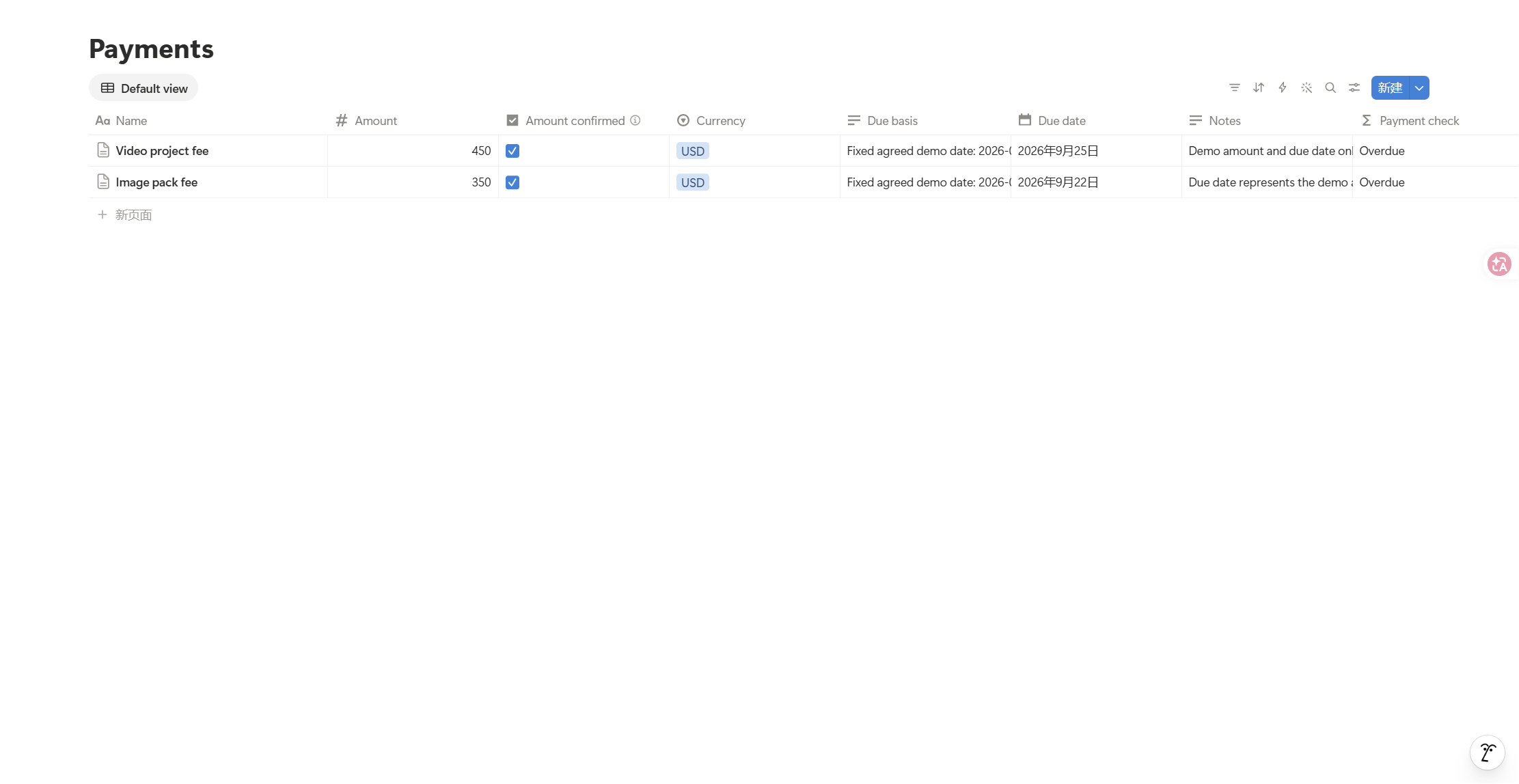 Actual Payments view with fictional amounts and manual follow-up fields